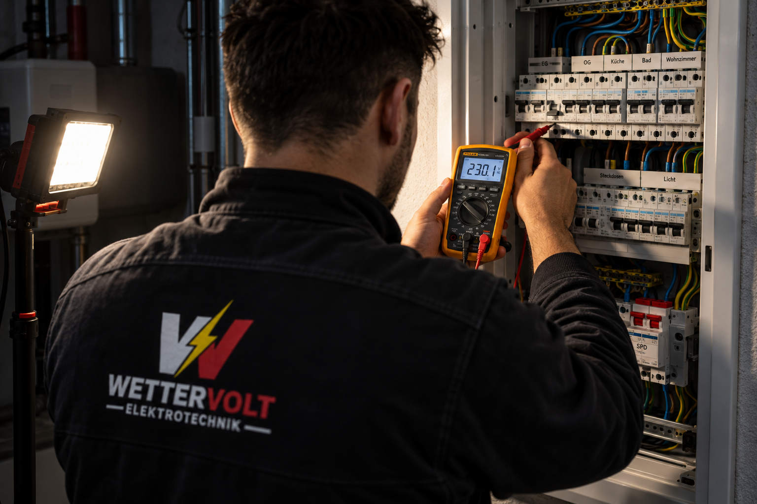 Elektriker misst mit dem Multimeter an der Verteilung